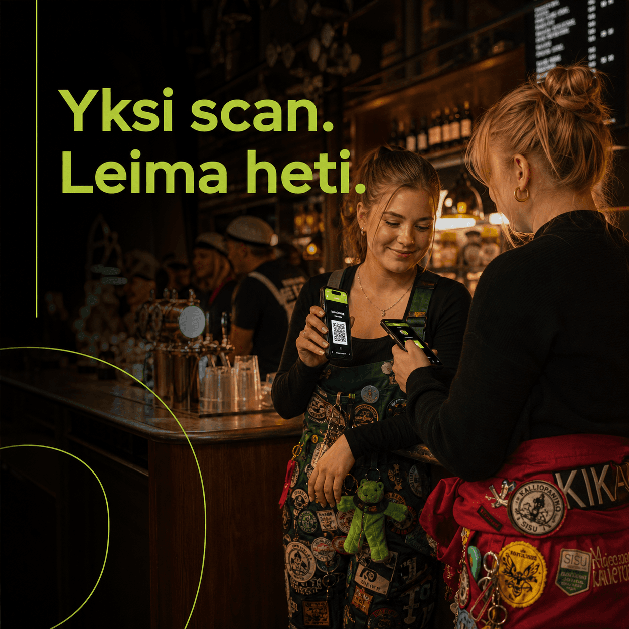 Yksi scan. Leima heti. – OmaLeima QR-skannaus baarissa.