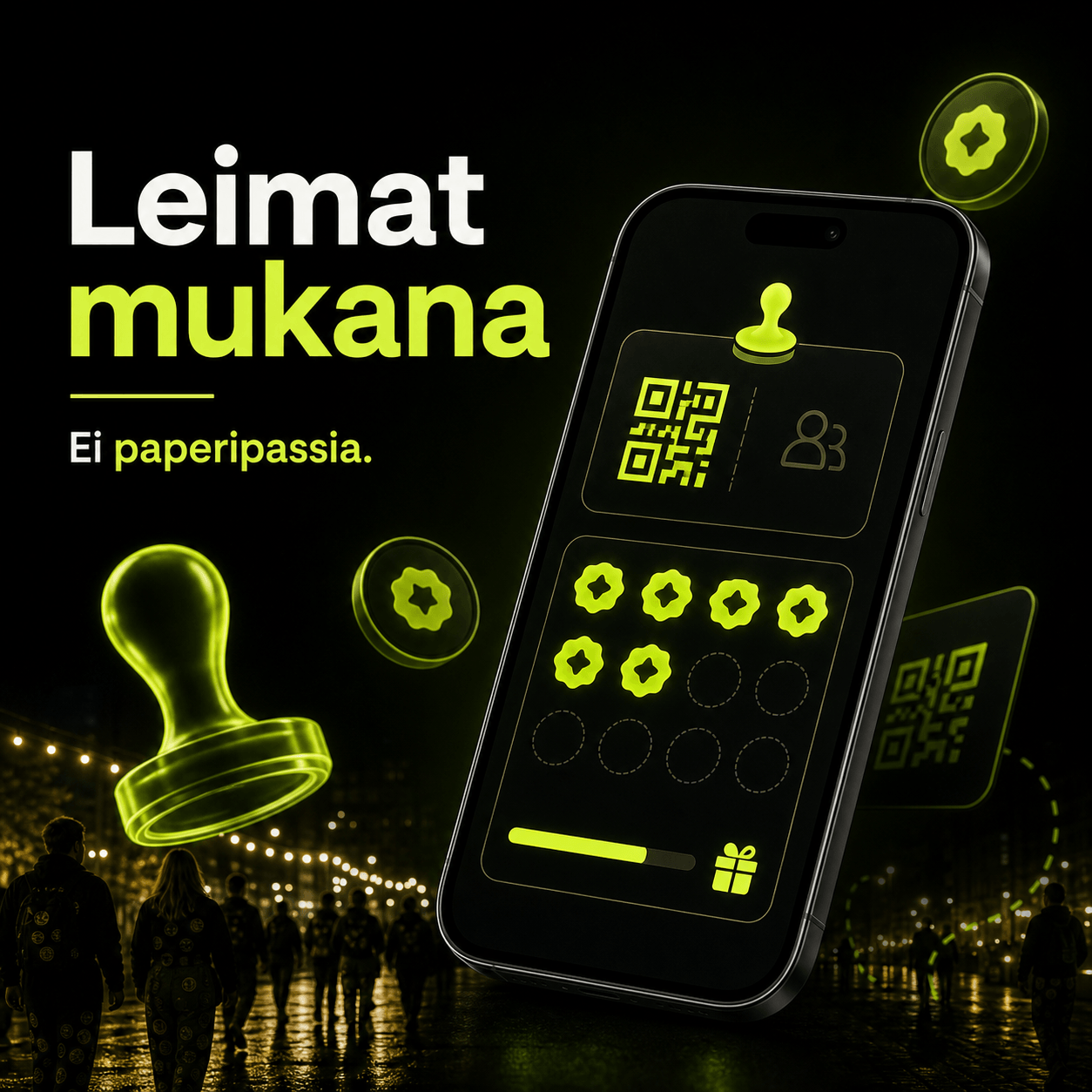 OmaLeima mobile app in hand during an event night.